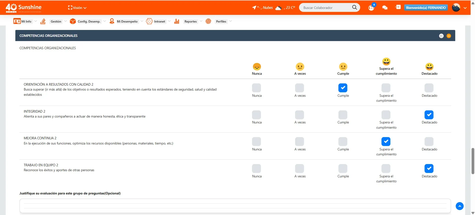 Proceso de evaluación de desempeño 360 grados en Worki 360 (UI) con reglas y flujos