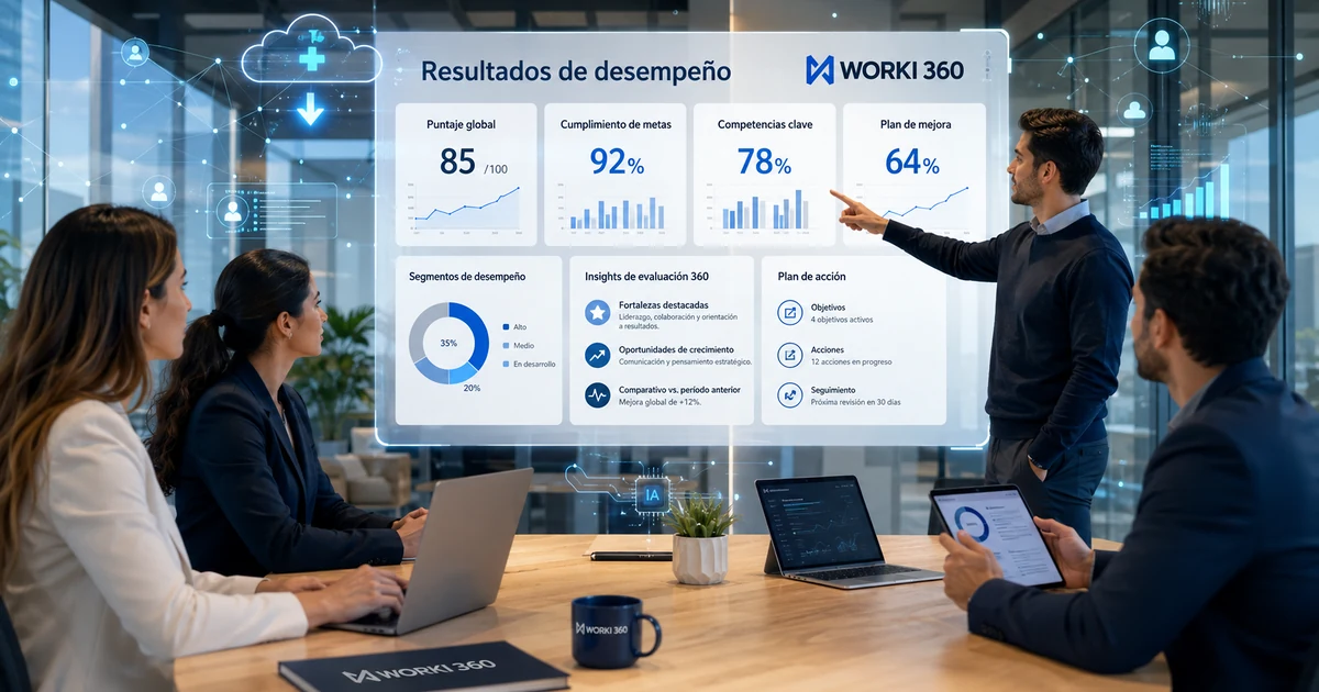 Infografía: evaluación 360 grados en un sistema de evaluación de desempeño Worki 360